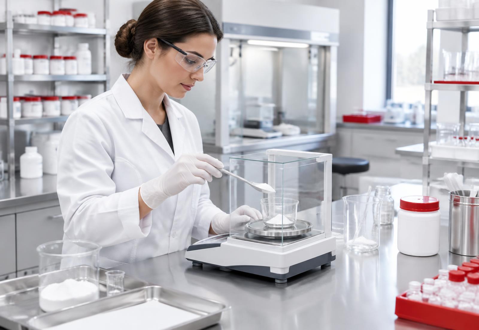 Farmacêutica pesando insumos no laboratório de manipulação